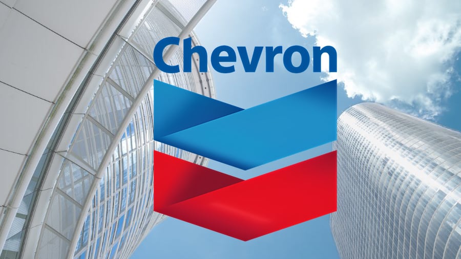 Chevron logo overlayed on a photo of its Headquarters in Houston, Texas