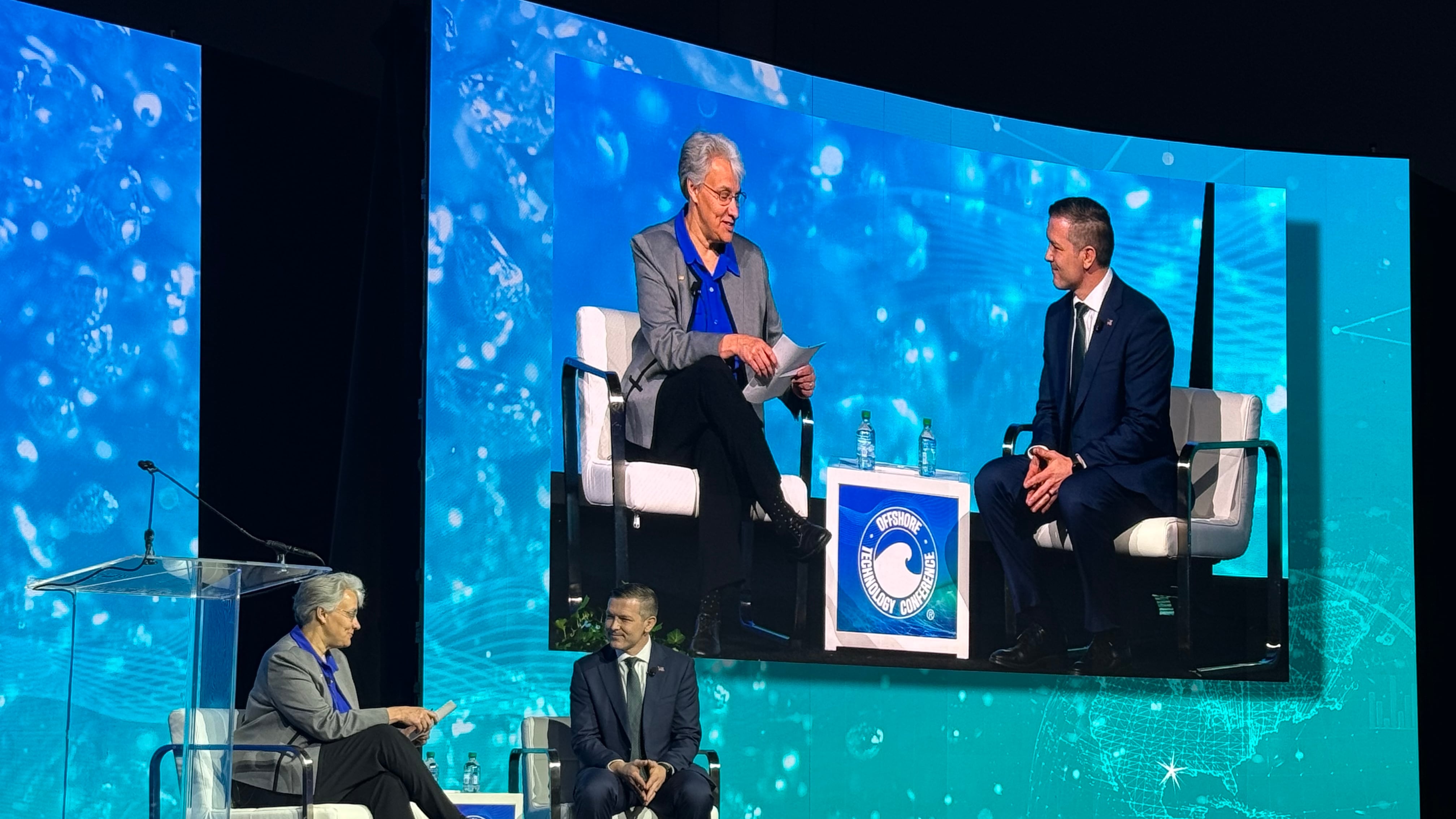 SPE President Jennifer Miskimins and Kyle Haustveit, assistant secretary for the U.S. Department of Energy's Office of Hydrocarbons and Geothermal, discuss the global energy landscape on May 4 during the Offshore Technology Conference in Houston.