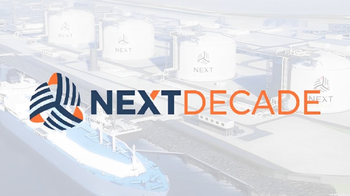 The NextDecade logo displayed over a fogged image of its LNG project at a port.