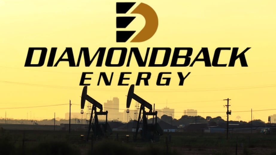 The Diamondback Energy logo with two pump jack rigs in the background with a yellow sky.
